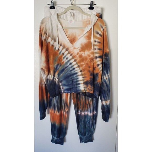 COLSIE Jogger Set XL Pants Cropped Hoodie Top Terry Soft Tie Dye Blue Wh… - Picture 1 of 14